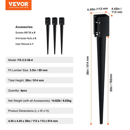 Metal Fence Post Anchors, 4-Pack, 0.91m x 0.1m, Easy Install, Versatile Use