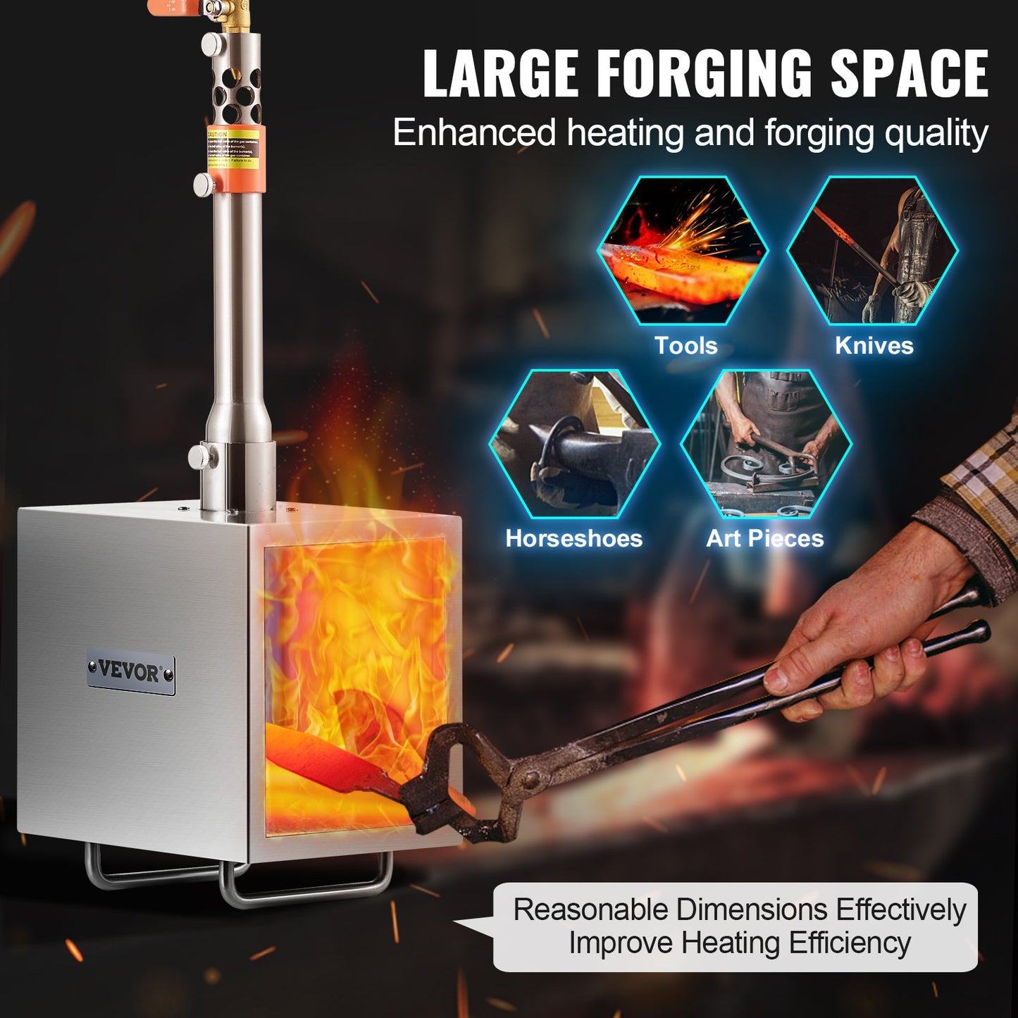 Portable Propane Forge, 1 Burner, 2600℉ Tool and Knife Making Blacksmithing Farrier Forge, Large Capacity Square Shape, Stainless Steel Gas Forging Tools and Equipment, Use for Metal Forging