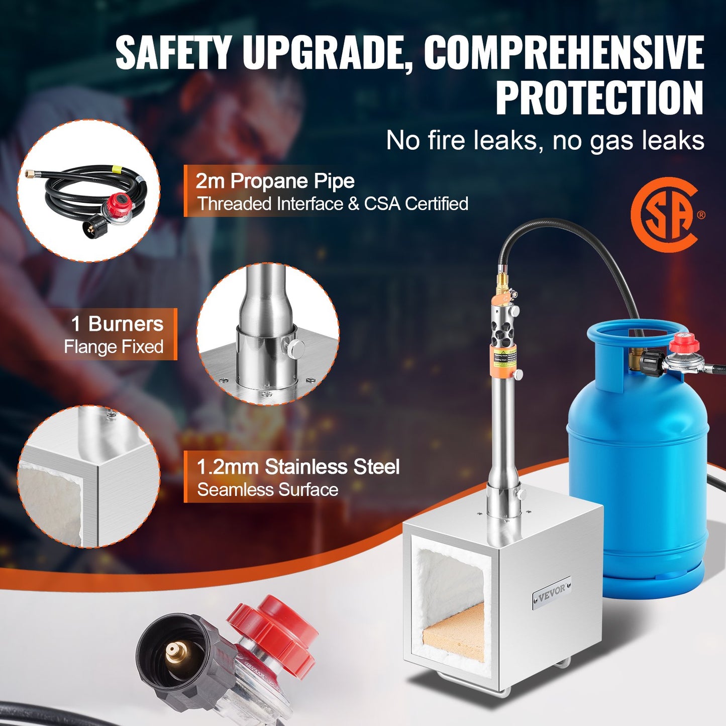 Portable Propane Forge, 1 Burner, 2600℉ Tool and Knife Making Blacksmithing Farrier Forge, Large Capacity Square Shape, Stainless Steel Gas Forging Tools and Equipment, Use for Metal Forging