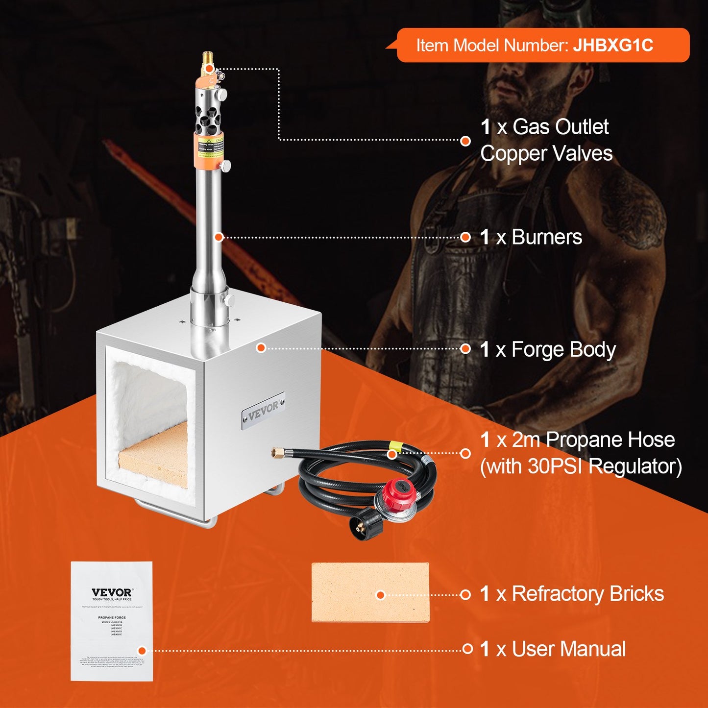 Portable Propane Forge, 1 Burner, 2600℉ Tool and Knife Making Blacksmithing Farrier Forge, Large Capacity Square Shape, Stainless Steel Gas Forging Tools and Equipment, Use for Metal Forging