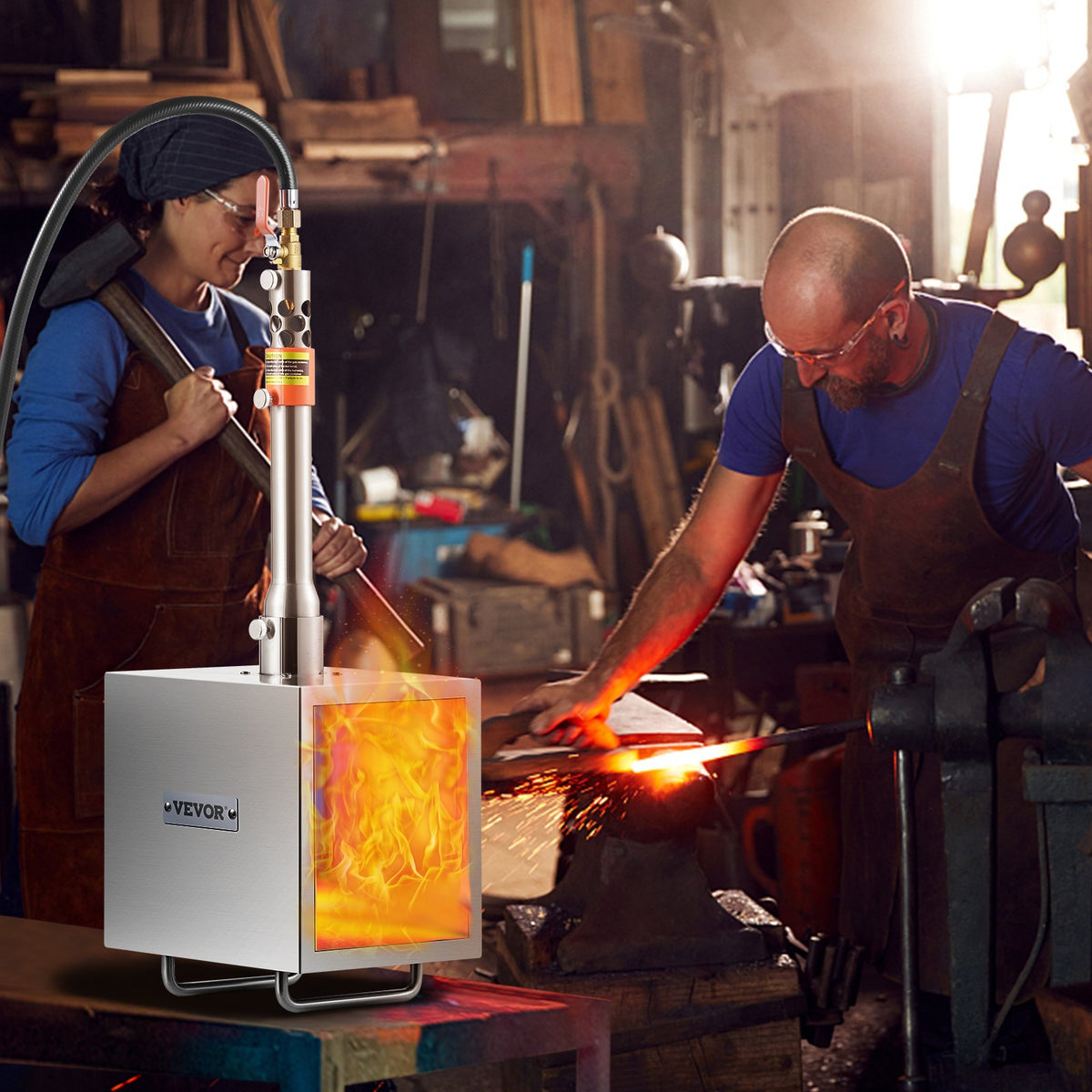 Portable Propane Forge, 1 Burner, 2600℉ Tool and Knife Making Blacksmithing Farrier Forge, Large Capacity Square Shape, Stainless Steel Gas Forging Tools and Equipment, Use for Metal Forging