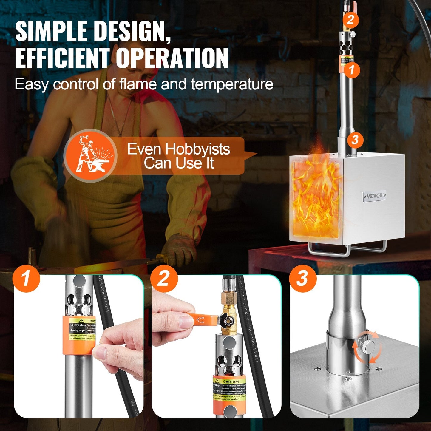 Portable Stainless Steel Propane Forge - Single Burner, 1427℃, Square Design