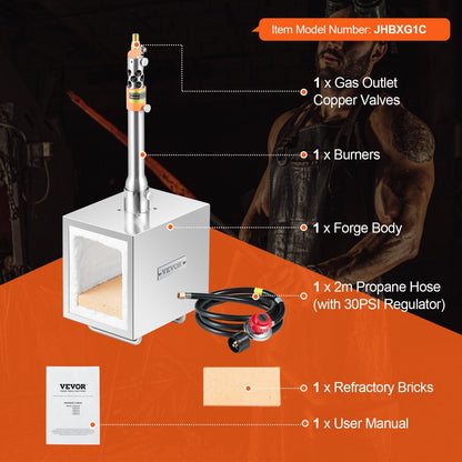 Portable Stainless Steel Propane Forge - Single Burner, 1427℃, Square Design