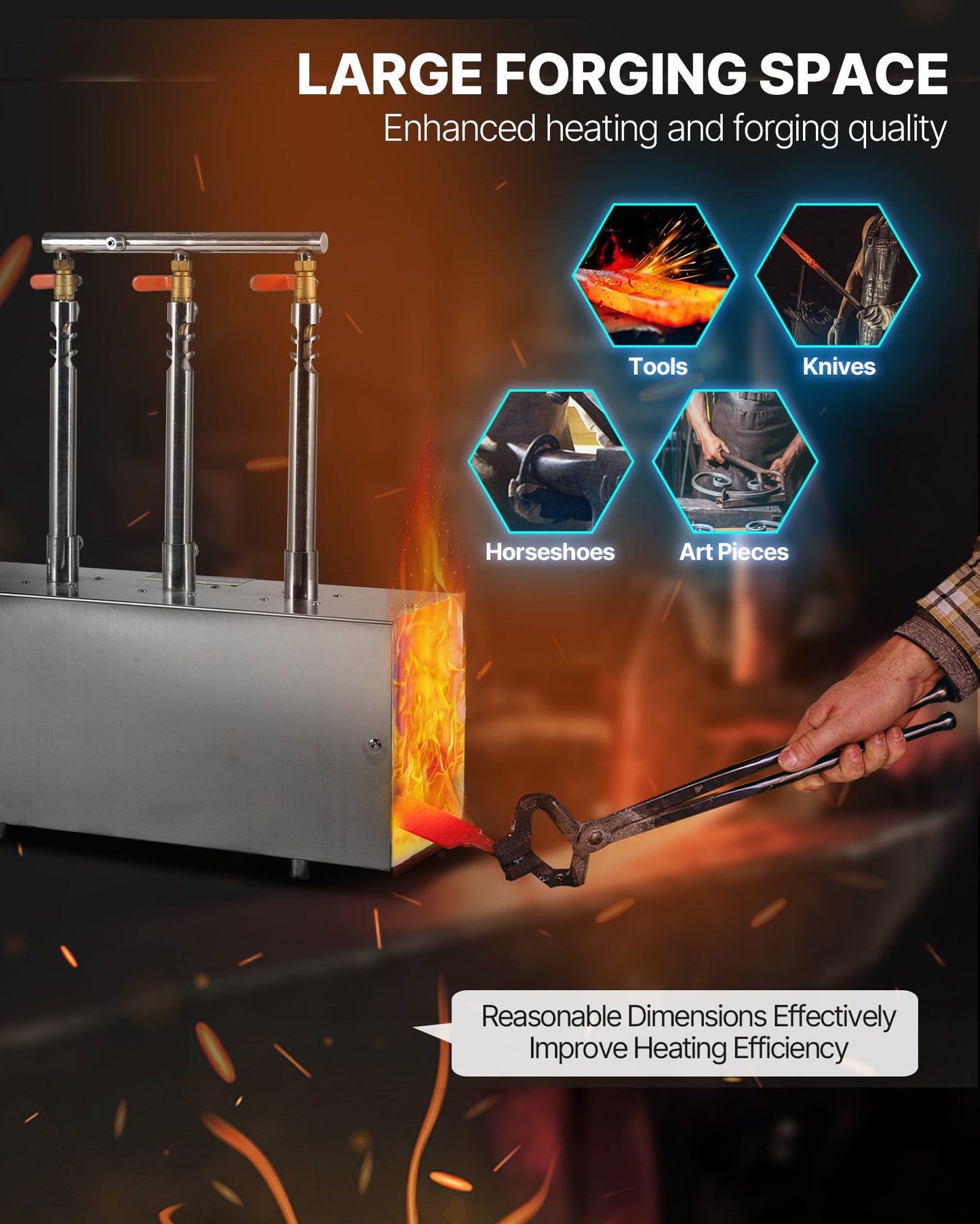 Portable Propane Forge, 3 Burners, 2600℉ Tool and Knife Making Blacksmithing Farrier Forge, Large Capacity Square Shape, Stainless Steel Gas Forging Tools and Equipment, Use for Metal Forging