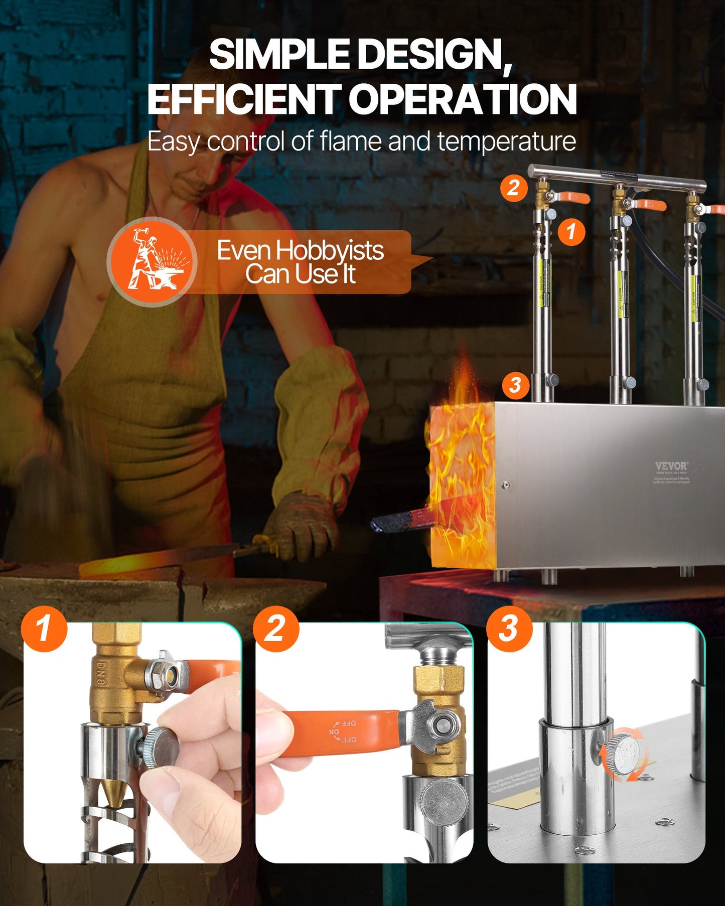 Portable Propane Forge, 3 Burners, 2600℉ Tool and Knife Making Blacksmithing Farrier Forge, Large Capacity Square Shape, Stainless Steel Gas Forging Tools and Equipment, Use for Metal Forging