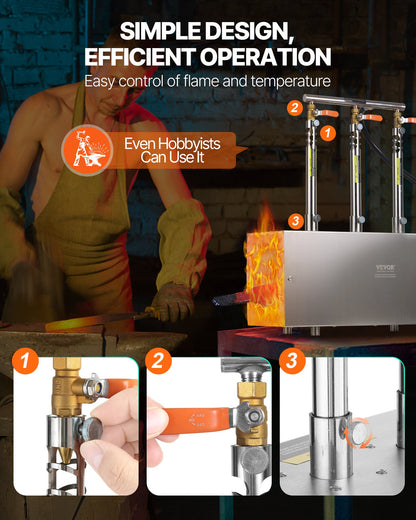 Portable Propane Forge, 3 Burners, 2600℉ Tool and Knife Making Blacksmithing Farrier Forge, Large Capacity Square Shape, Stainless Steel Gas Forging Tools and Equipment, Use for Metal Forging
