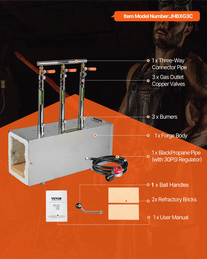 Portable Propane Forge, 3 Burners, 2600℉ Tool and Knife Making Blacksmithing Farrier Forge, Large Capacity Square Shape, Stainless Steel Gas Forging Tools and Equipment, Use for Metal Forging