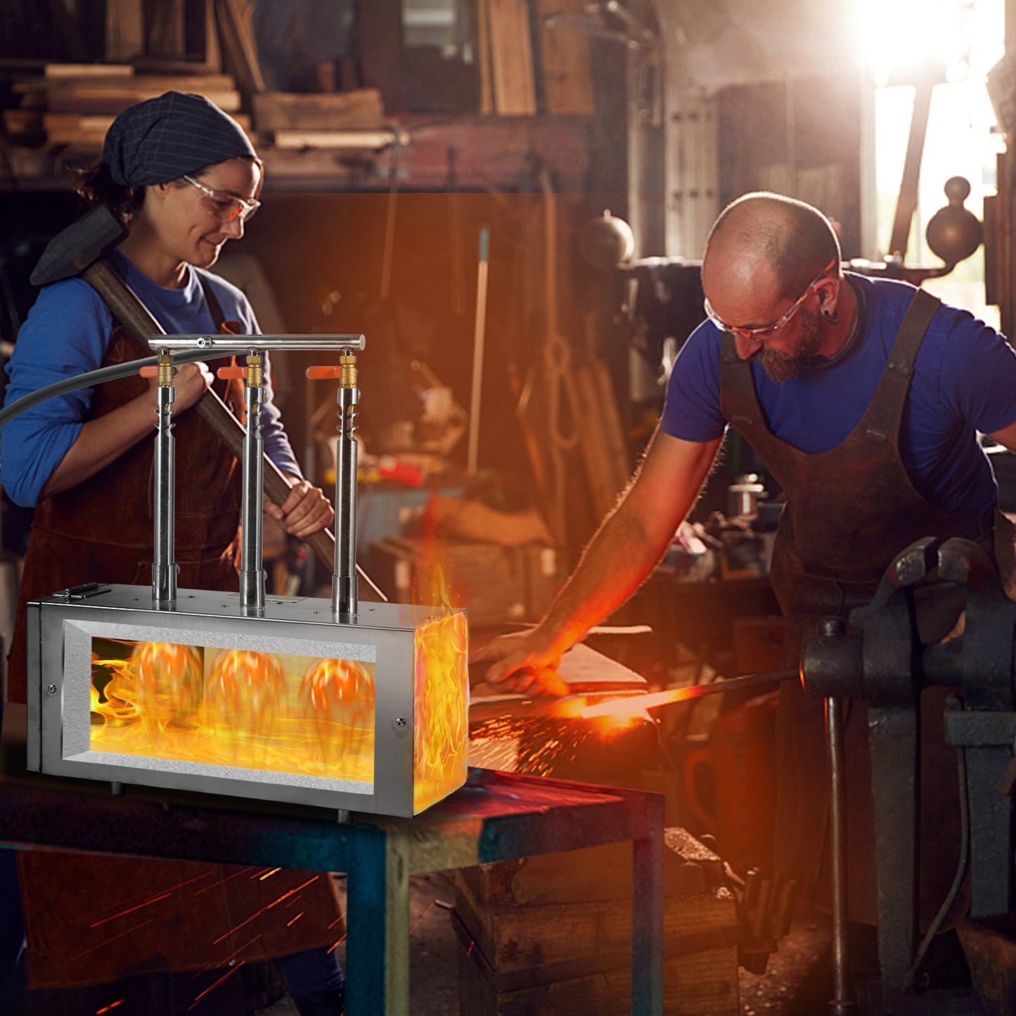 Portable Propane Forge, 3 Burners, 2600℉ Tool and Knife Making Blacksmithing Farrier Forge, Large Capacity Square Shape, Stainless Steel Gas Forging Tools and Equipment, Use for Metal Forging
