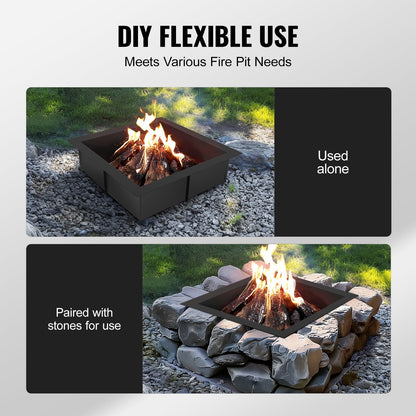 Square Fire Pit Ring with Steel Liner, 36x36 m, DIY Campfire, Black Finish