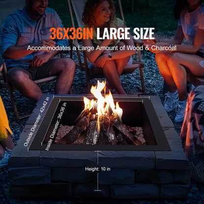 Square Steel Fire Pit Ring, 42x42 m, DIY Campfire, High-Temp Coating, Black
