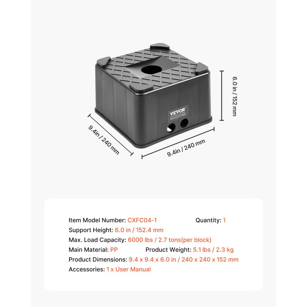 Trailer Jack Block, 6" High Heavy Duty RV Leveling Block with 6000 lbs Capacity, RV Jack Stand, Motorcycle Stand, Stool, Camper Accessories for Travel Trailers, 5th Wheels Class A/C Motorhomes