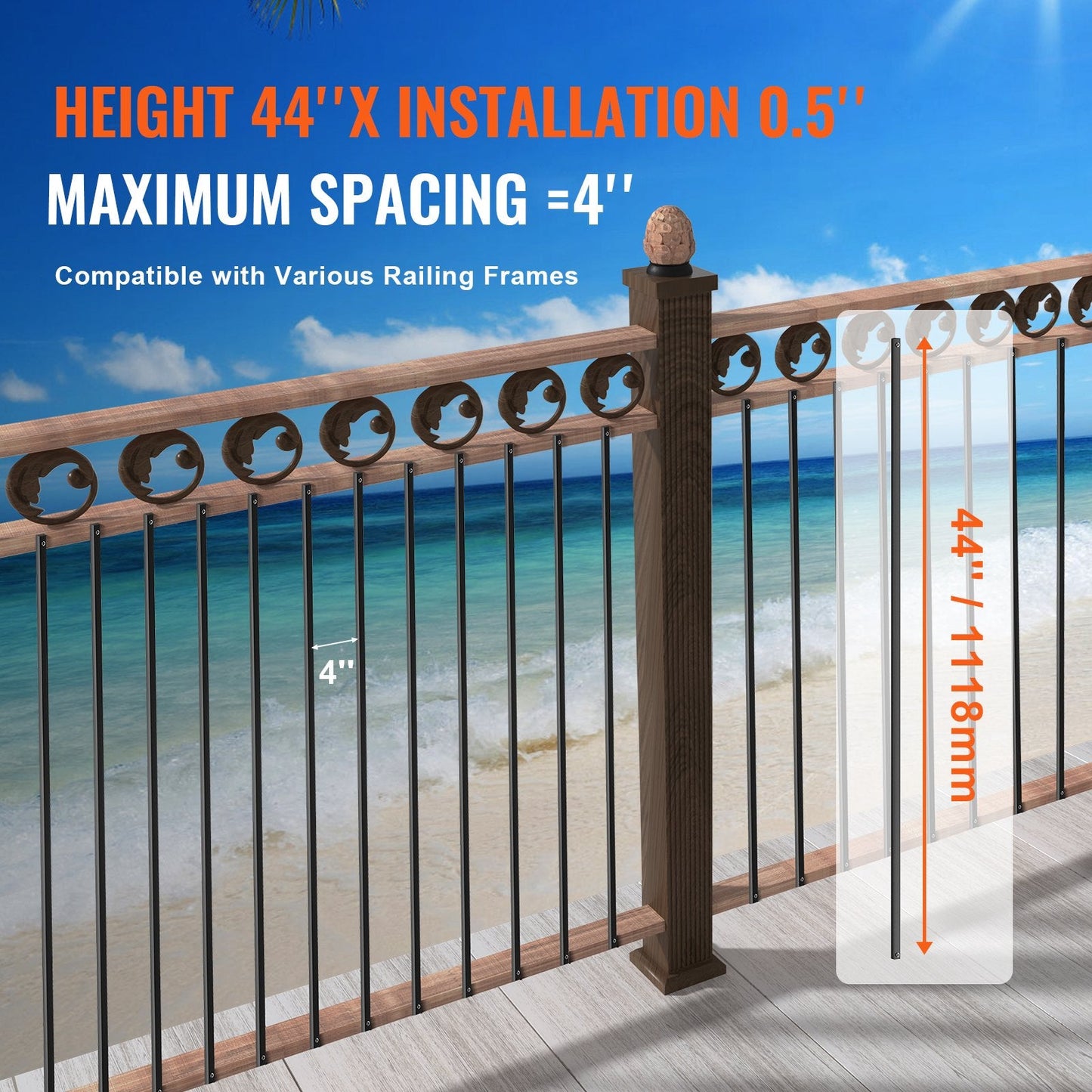 Satin Black Aluminum Banister Spindles - 1.1m x 13mm, 11 Pack with Screws