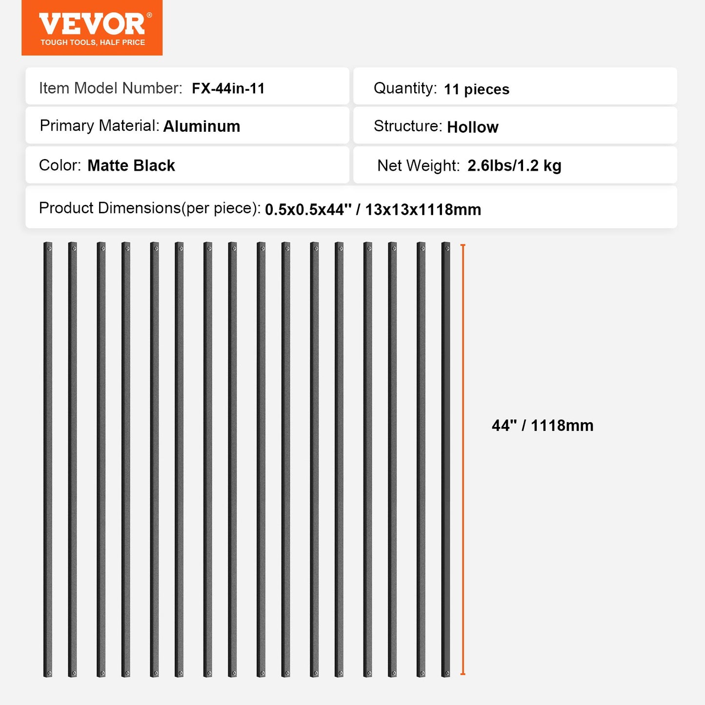 VEVOR Staircase Metal Balusters, 44'' x 0.5'' Square Aluminum Alloy Decorative Banister