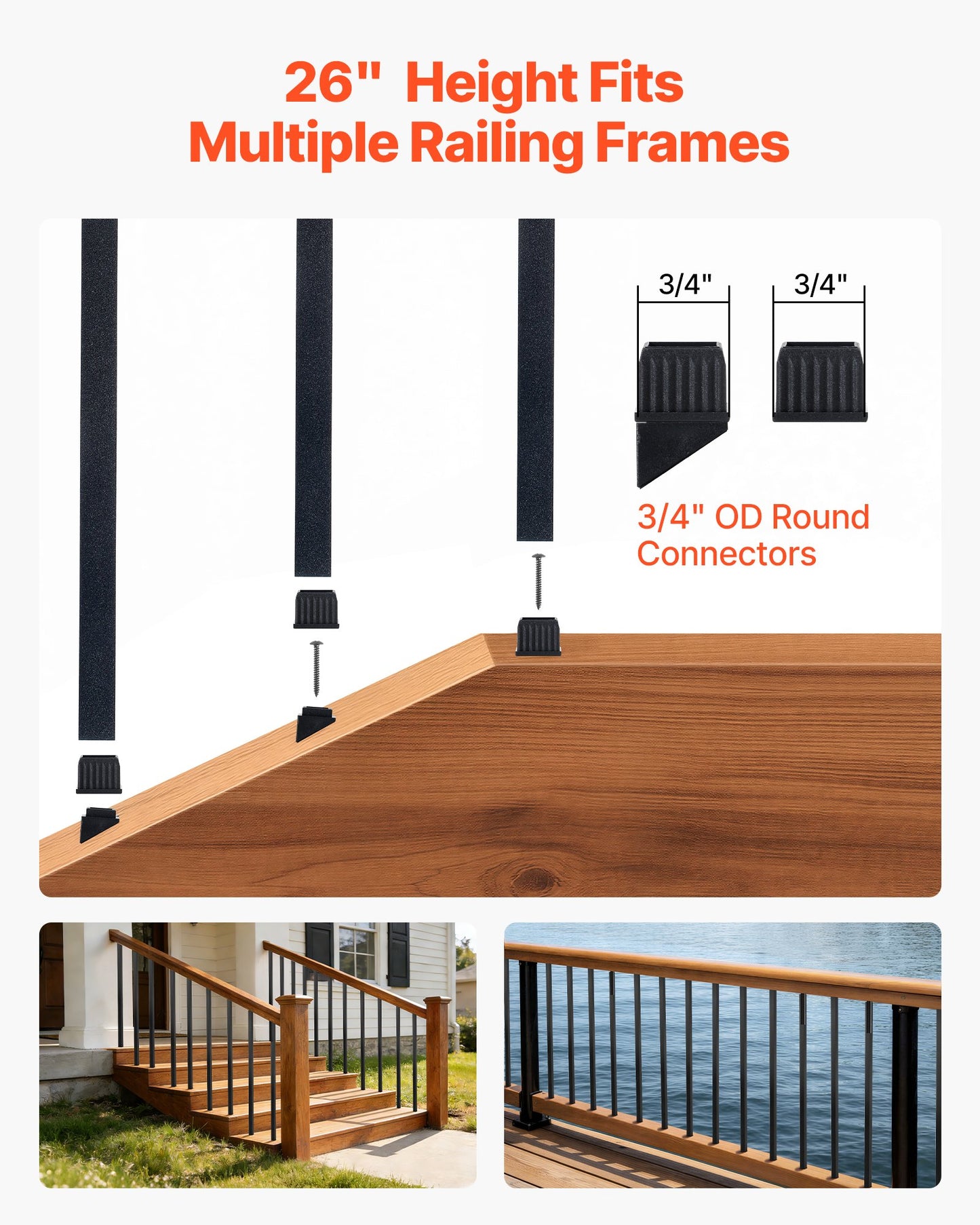 125 Pack Deck Balusters, 1.9 cm Square x 66.1 cm Long Aluminum Railing Spindles, Hollow Metal Decking Stair Balusters with Connectors, Screws, for Deck, Porch & Staircase Railing Fence, Black