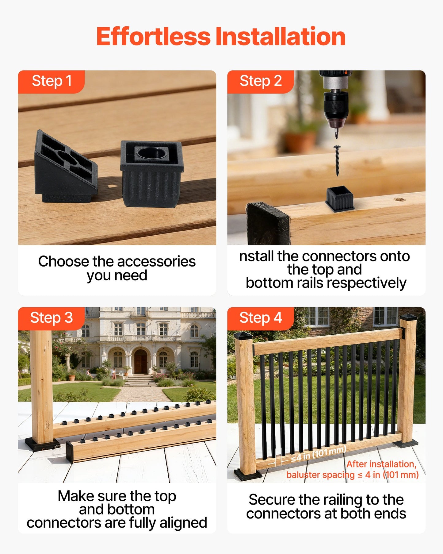 125 Pack Deck Balusters, 1.9 cm Square x 66.1 cm Long Aluminum Railing Spindles, Hollow Metal Decking Stair Balusters with Connectors, Screws, for Deck, Porch & Staircase Railing Fence, Black