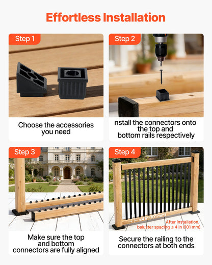 125 Pack Deck Balusters, 1.9 cm Square x 66.1 cm Long Aluminum Railing Spindles, Hollow Metal Decking Stair Balusters with Connectors, Screws, for Deck, Porch & Staircase Railing Fence, Black