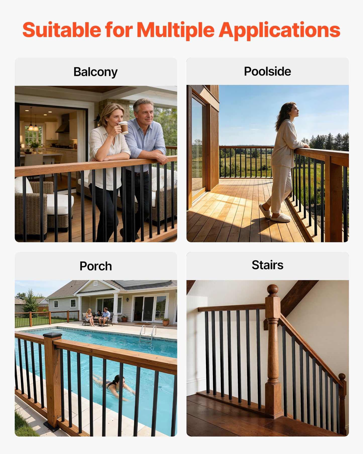 125 Pack Deck Balusters, 1.9 cm Square x 66.1 cm Long Aluminum Railing Spindles, Hollow Metal Decking Stair Balusters with Connectors, Screws, for Deck, Porch & Staircase Railing Fence, Black