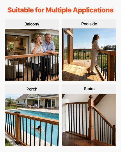 125 Pack Deck Balusters, 1.9 cm Square x 66.1 cm Long Aluminum Railing Spindles, Hollow Metal Decking Stair Balusters with Connectors, Screws, for Deck, Porch & Staircase Railing Fence, Black