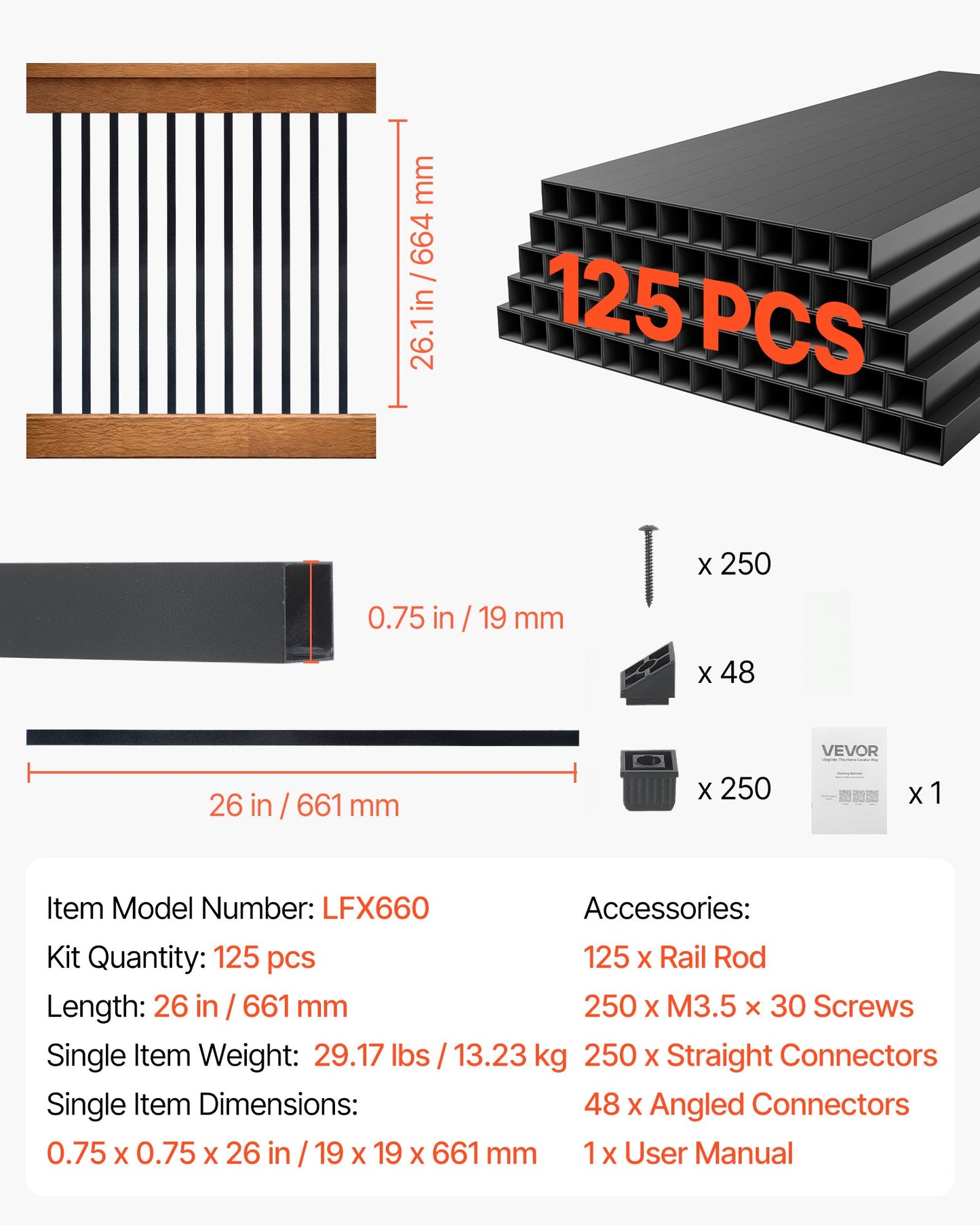 125 Pack Deck Balusters, 1.9 cm Square x 66.1 cm Long Aluminum Railing Spindles, Hollow Metal Decking Stair Balusters with Connectors, Screws, for Deck, Porch & Staircase Railing Fence, Black