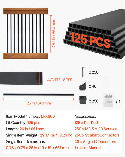 125 Pack Deck Balusters, 1.9 cm Square x 66.1 cm Long Aluminum Railing Spindles, Hollow Metal Decking Stair Balusters with Connectors, Screws, for Deck, Porch & Staircase Railing Fence, Black
