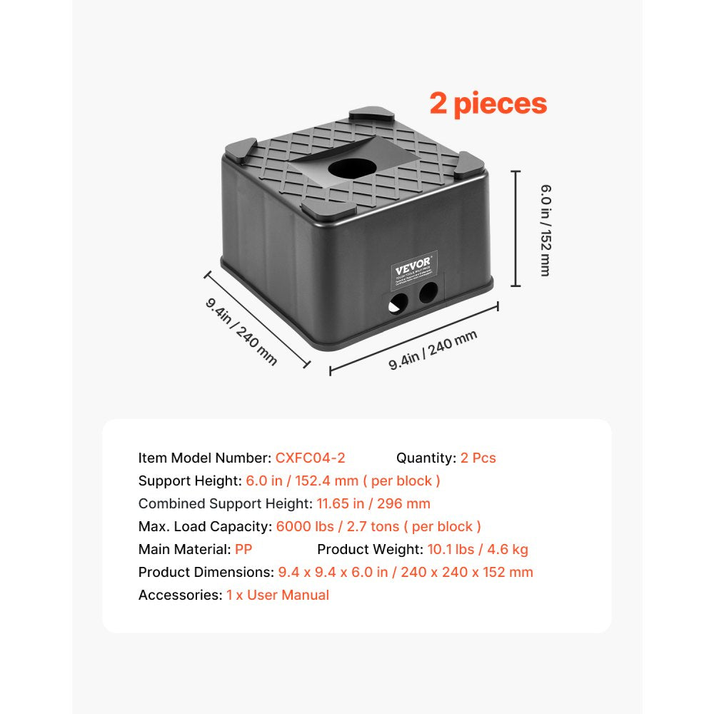 Trailer Jack Blocks, 6" High Heavy Duty RV Leveling Blocks, Each with 6000 lbs Capacity, as RV Jack Stand, Stool, Camper Accessories, for Travel Trailers, 5th Wheels Class A/C Motorhomes, 2 Pcs