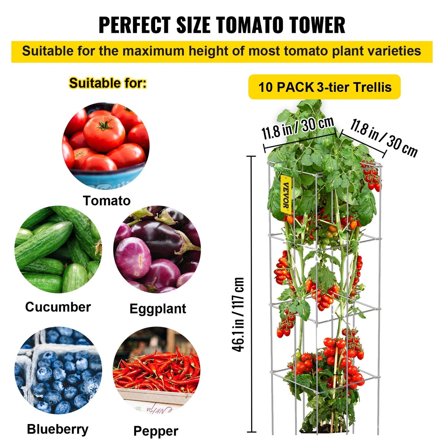 Garden Plant Support Cages, 10-Pack, Steel, 1.17 M for Climbing Plants