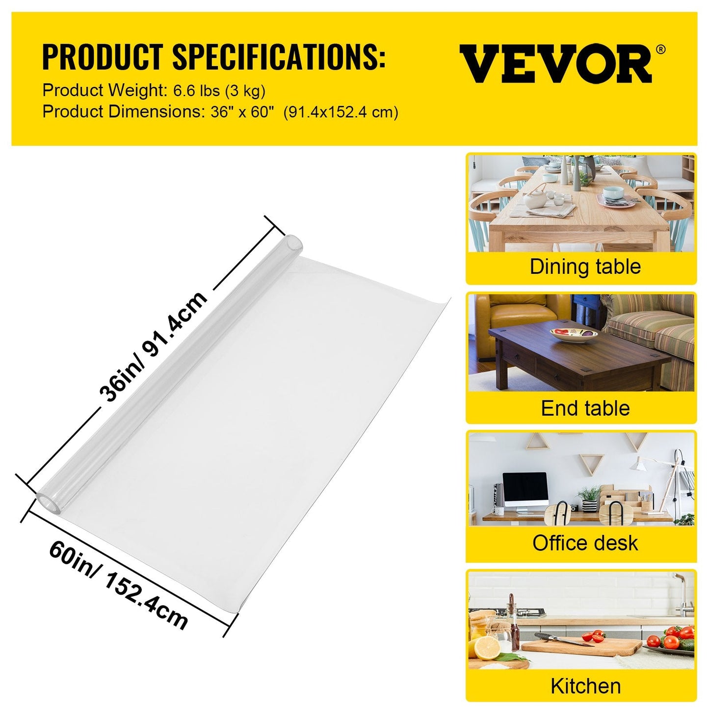Clear PVC Table Cover, 0.9 x 1.5 m, 2 mm Thick, Waterproof and Easy to Clean