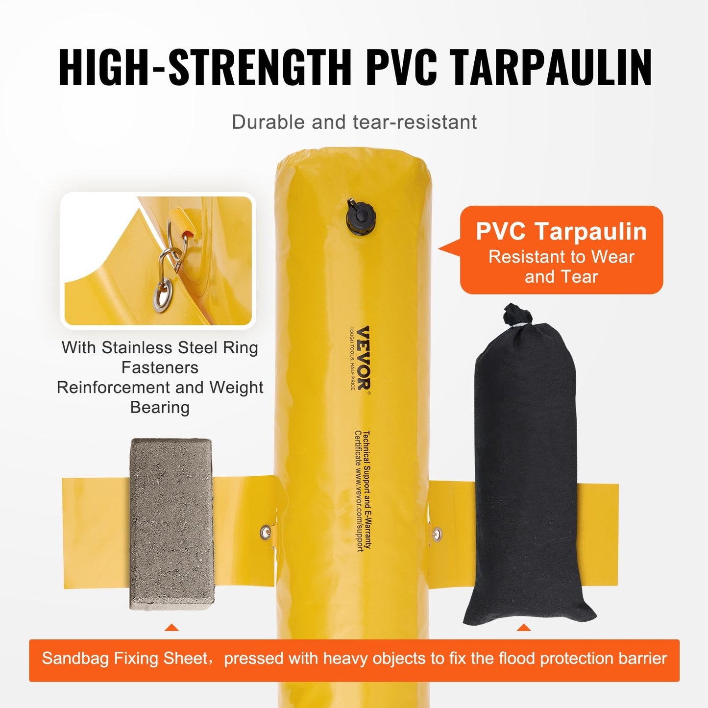 Flood Barrier Bags 4-Pack, 1.22m PVC Tarpaulin, 4kg, with 8 Fixing Clips
