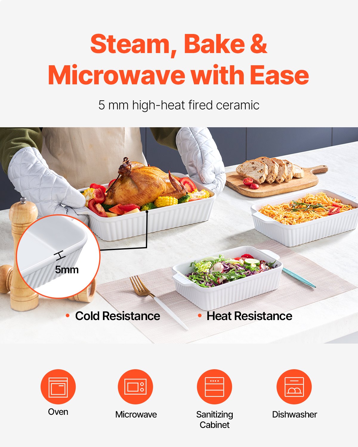VEVOR Ceramic Baking Dish 3 Pieces Rectangular Bakeware Set Deep for Baking