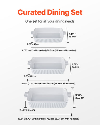 VEVOR Ceramic Baking Dish 3 Pieces Rectangular Bakeware Set Deep for Baking