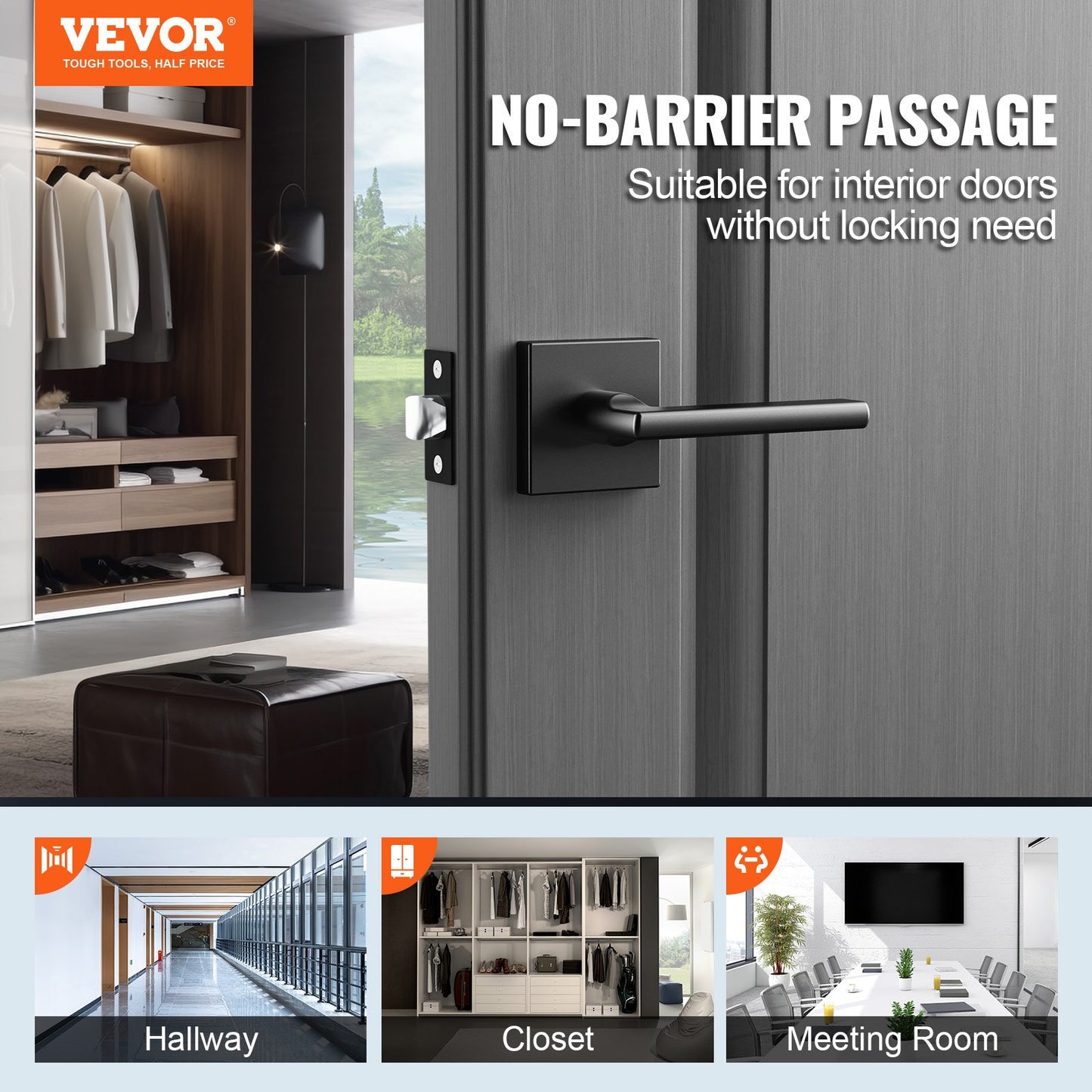 VEVOR Passage Door Handle, 5 Pack Matte Black Door Lever, Left or Right Handing
