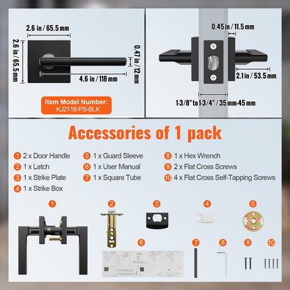 Matte Black Reversible Door Handle Set - 5 Pack, Easy Install, Non-Locking