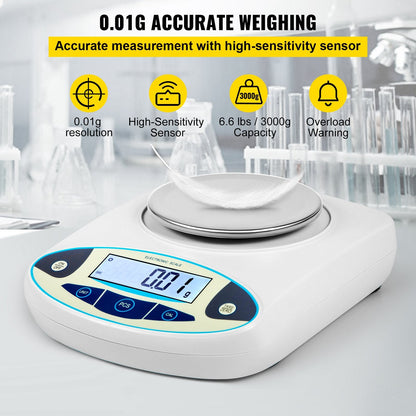High Precision Digital Lab Scale with 3kg Capacity and 0.01g Readability