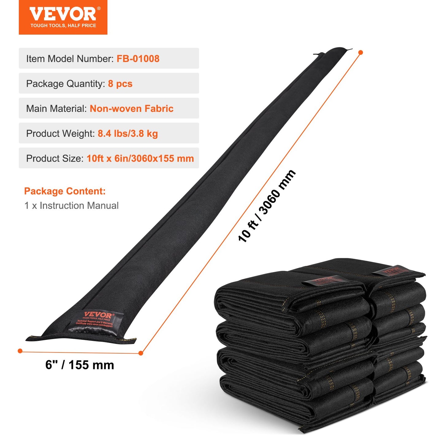 VEVOR Flood Barriers Water Flood Dam Bags 8 pcs 10ft x 6in Water Barriers