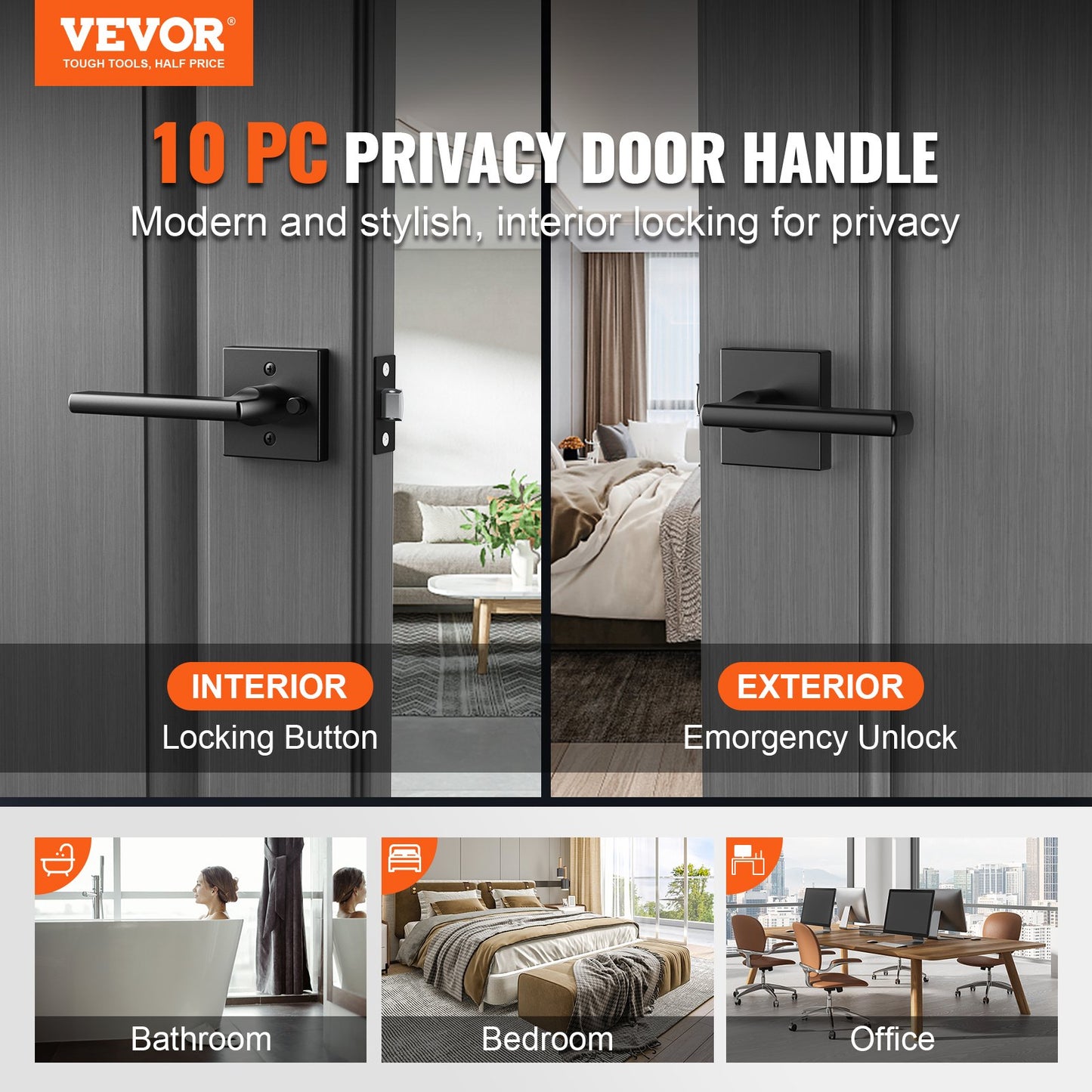 VEVOR Privacy Door Handle, 10 Pack Matte Black Door Lever, Left or Right Handing