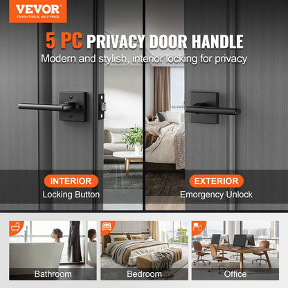 Matte Black Privacy Door Handle Set, 5 Pack - Keyless, Reversible Design