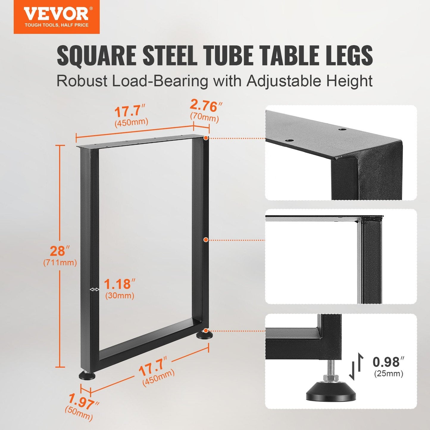 Adjustable 0.71m Steel Table Legs, Heavy Duty, Set of 2, 454kg Capacity