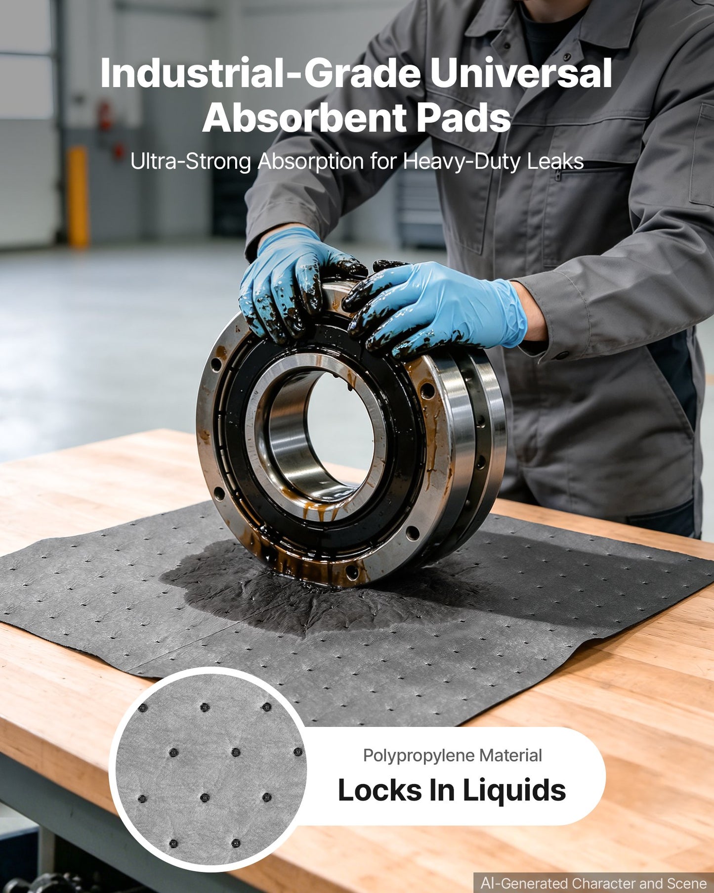 Oil & Water Absorbent Pads, 33x25 cm 100-Pack, Heavy-Duty Spill Absorbing Pads, Universal for Gasoline/Engine Oil/Water/Coolant, Durable PP Spill Control Mats for Garage Workshop Factory