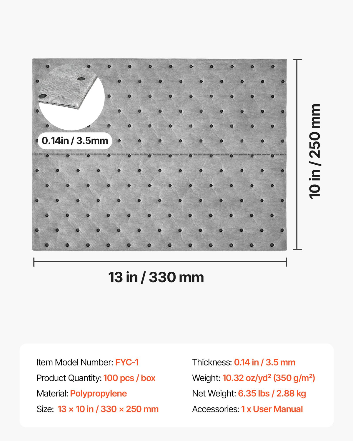 Oil & Water Absorbent Pads, 33x25 cm 100-Pack, Heavy-Duty Spill Absorbing Pads, Universal for Gasoline/Engine Oil/Water/Coolant, Durable PP Spill Control Mats for Garage Workshop Factory