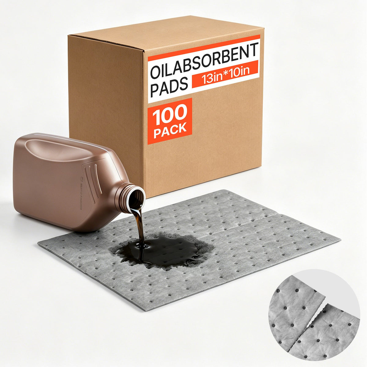 Oil & Water Absorbent Pads, 33x25 cm 100-Pack, Heavy-Duty Spill Absorbing Pads, Universal for Gasoline/Engine Oil/Water/Coolant, Durable PP Spill Control Mats for Garage Workshop Factory