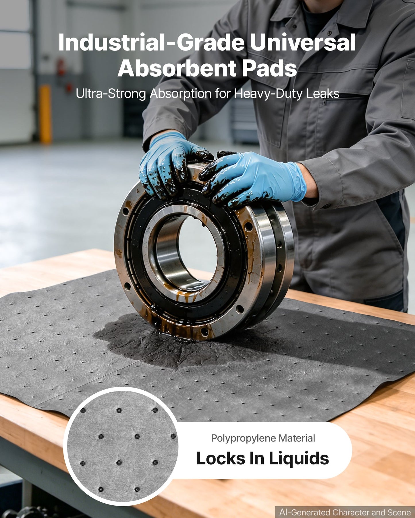 Oil & Water Absorbent Pads, 41x46 cm 100-Pack, Heavy-Duty Spill Absorbing Pads, Universal for Gasoline/Engine Oil/Water/Coolant, Durable PP Spill Control Mats for Garage Workshop Factory