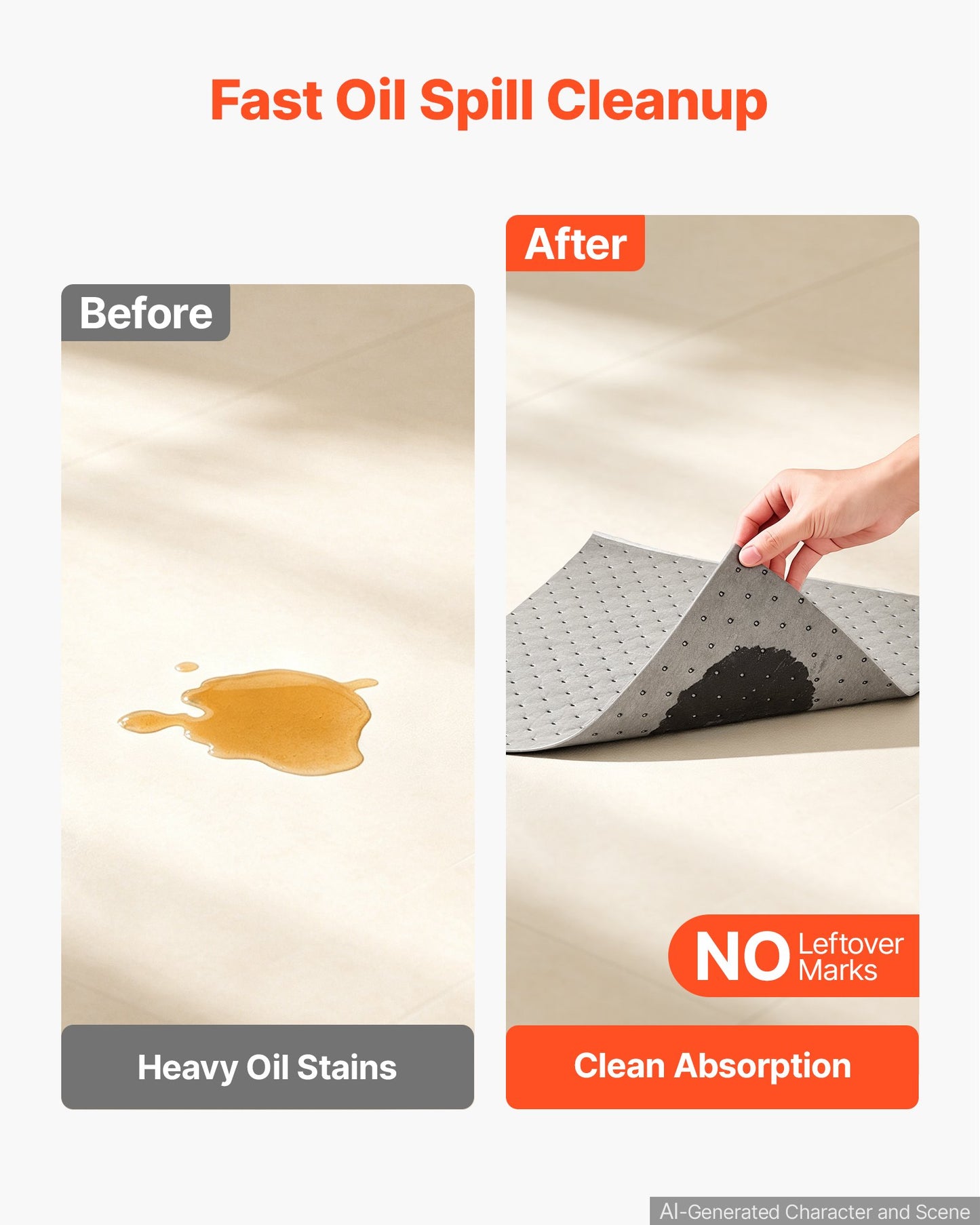 Oil & Water Absorbent Pads, 41x46 cm 100-Pack, Heavy-Duty Spill Absorbing Pads, Universal for Gasoline/Engine Oil/Water/Coolant, Durable PP Spill Control Mats for Garage Workshop Factory