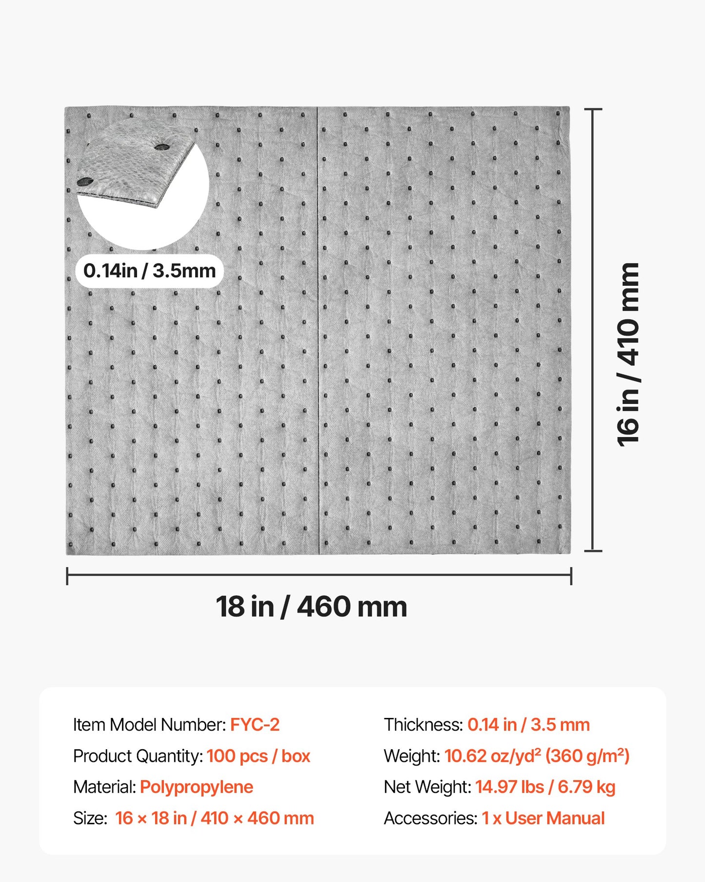 Oil & Water Absorbent Pads, 41x46 cm 100-Pack, Heavy-Duty Spill Absorbing Pads, Universal for Gasoline/Engine Oil/Water/Coolant, Durable PP Spill Control Mats for Garage Workshop Factory