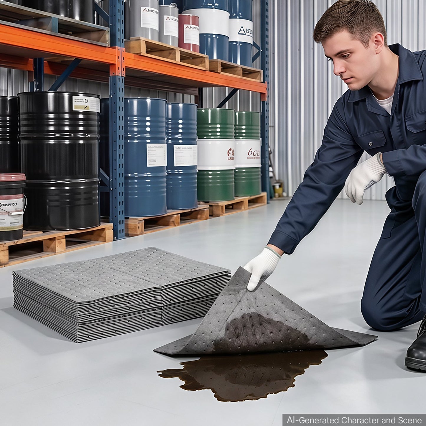 Oil & Water Absorbent Pads, 41x46 cm 100-Pack, Heavy-Duty Spill Absorbing Pads, Universal for Gasoline/Engine Oil/Water/Coolant, Durable PP Spill Control Mats for Garage Workshop Factory