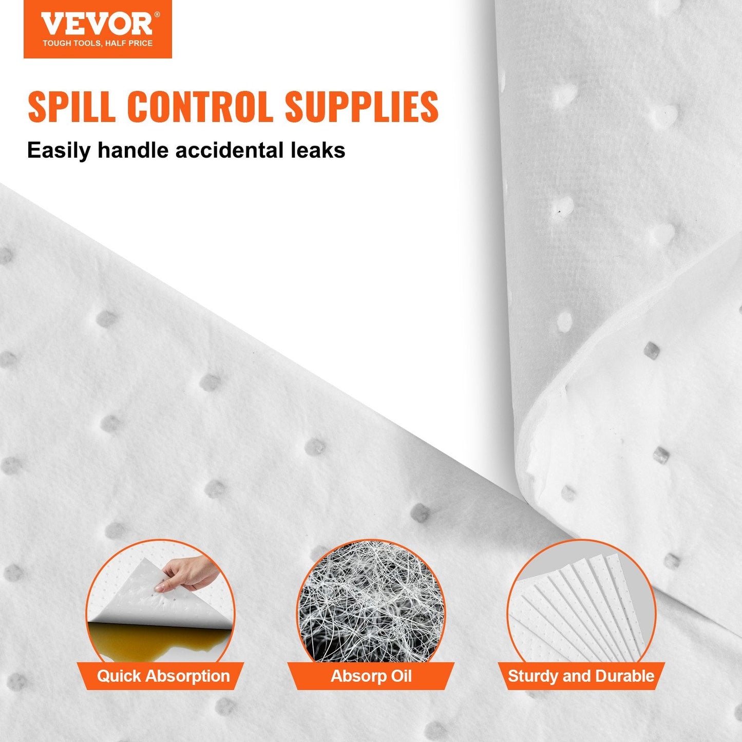 Oil Spill Absorbent Pads, 6.5 kg, 0.38x0.5m, Pack of 100, 20 Gal Capacity