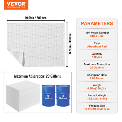 VEVOR Spill Absorbent Pads, Oil Absorbing Mat Absorbs up 20 Gal, 15" L x20" W Polypropylene