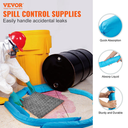 Universal Spill Absorbent Sock, 20 Gal Capacity, 0.08m x 1.2m, 12 Pack