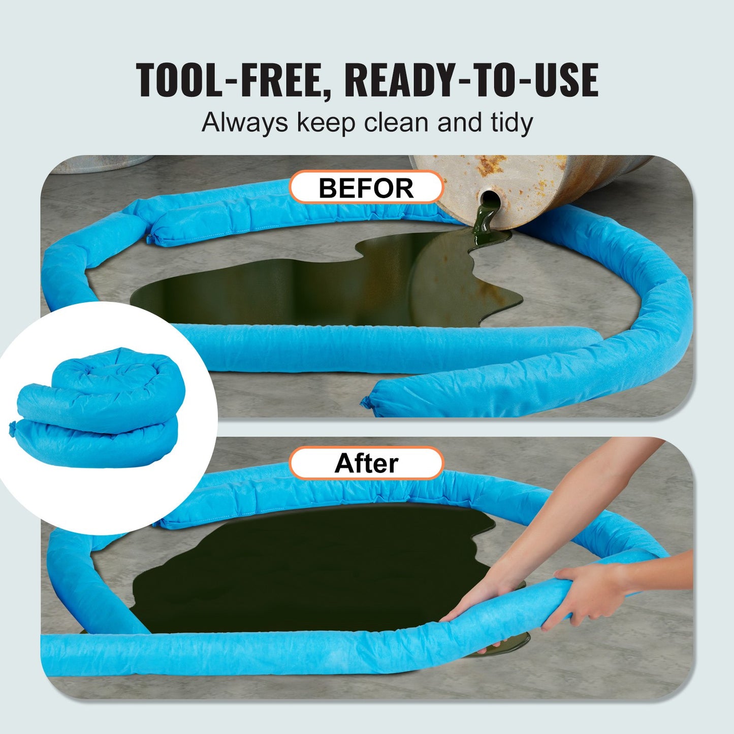 VEVOR Universal Absorbent Sock, Water Absorbing Snake 20 Gal Capacity, 3" x 47.24"