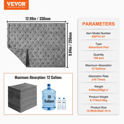 Universal Absorbent Pads, 12 Gal Capacity, 0.33m x 0.25m, Pack of 100