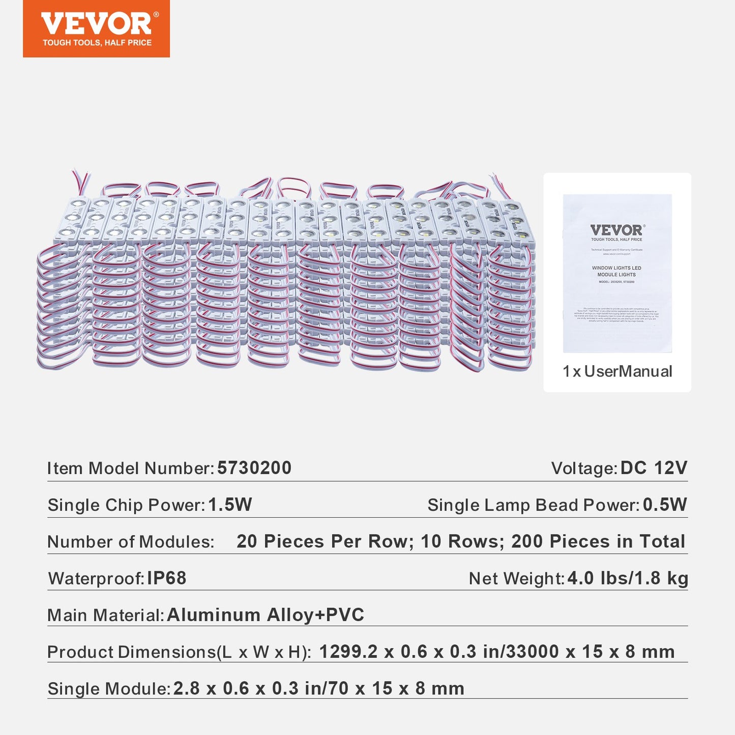 VEVOR 200PCS LED Storefront Lights, 108 ft DC 12V, LED Module Lights, 5730 SMD 3-LED